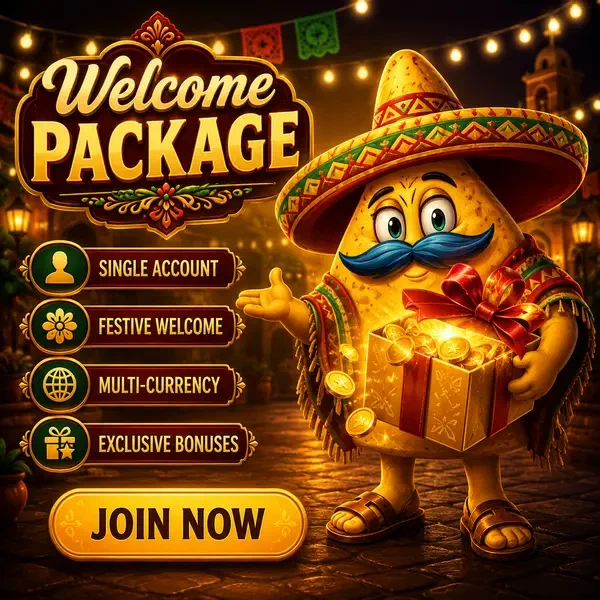 Chip nacho El Mariachi che presenta il pacchetto di benvenuto nella piazza di registrazione di Casinacho Casino