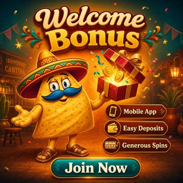 Mascotte Casinacho che presenta il bonus di benvenuto alla celebrazione del download dell'app mobile