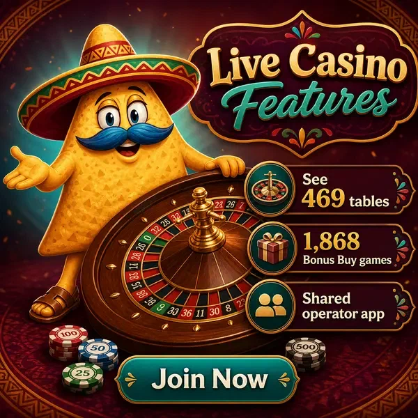 Mascotte chip nacho antropomorfa che presenta la ruota della roulette del casinò live su Casinacho Casino