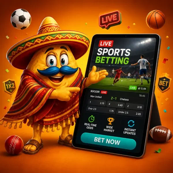 Personaggio chip nacho antropomorfo che indica tablet scommesse sportive con quote live
