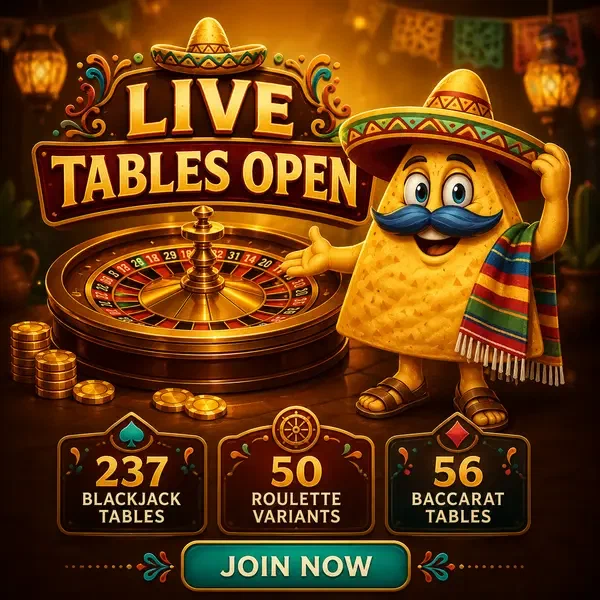 El Mariachi che presenta una ruota della roulette dorata al live casino con 469 tavoli aperti