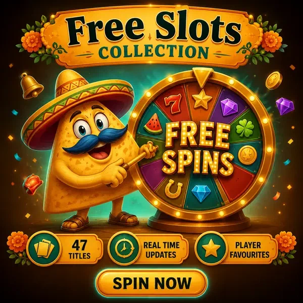 Il personaggio nacho El Mariachi fa girare la ruota dei premi luminosa al festival delle slot gratis Top Casinacho
