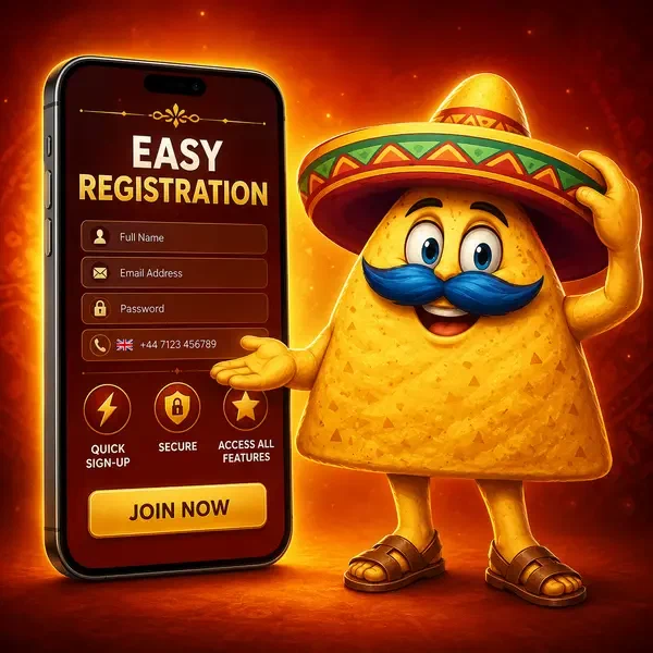 Personaje El Mariachi nacho gesticulando hacia smartphone de registro de Casinacho con sonrisa acogedora